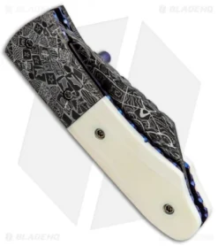 Burr Oak Knives Mini Combat Utility Knife Walrus Ivory (2.5" Mosaic Damascus) -Benchmade Shop Burr Oak Knives Mini Combat Utility Knife Walrus Ivory Mosiac Damascus BHQ 85805 jr side