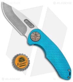 Curtiss Custom F3 Med Slim Frame Lock Knife Teal/Purple Ti (3.15" TT MagnaCut) -Benchmade Shop Curtiss Knives F3 Medium slim FL SPM Milled Teal Purple Ti SW BHQ 172898 jr bottlecap