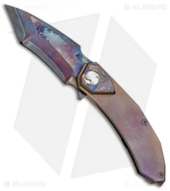 Glenn Waters Custom Botan Galaxy Flipper Knife Heat Colored Ti (3.125" Damascus)