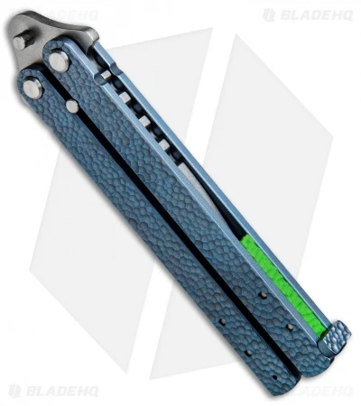 Groniger Knives Custom Balisong Knife Blue Sculpt Ti W/ Green Spacers (4" SW) 2 Groniger Knives Custom Balisong Knife Blue Sculpt Ti W/ Green Spacers (4" SW) - Image 2