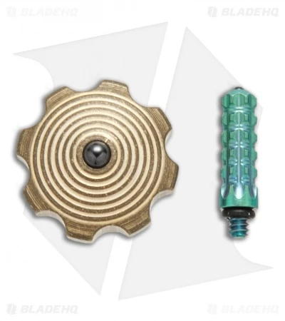 Marfione Custom Knives Mini Spin Top - Brass W/ Green Ti Stem 2 Marfione Custom Knives Mini Spin Top - Brass W/ Green Ti Stem - Image 2
