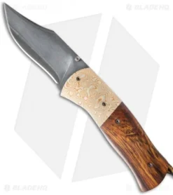 Burr Oak Knives Folding Bowie Knife Ironwood/Mokume (3.625" San Mai Damascus)