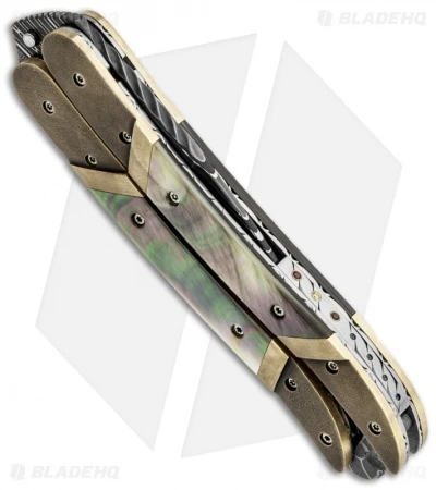 Corrie Schoeman Balisong Butterfly Knife Bronze W/ Black Lip Pearl (Damascus) 2 Corrie Schoeman Balisong Butterfly Knife Bronze W/ Black Lip Pearl (Damascus) - Image 2