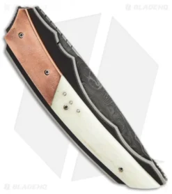 Corrie Schoeman X-Corpion Flipper Knife Giraffe Bone/Copper (3.25" Damascus) -Benchmade Shop custom 9 er side