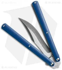 Sam Eddleman Bowie Balisong Knife Blue G-10 (4.25" Acid Wash/Satin) 5 Sam Eddleman Bowie Balisong Knife Blue G-10 (4.25" Acid Wash/Satin) -Benchmade Shop eddleman balisong blue g10 open cm
